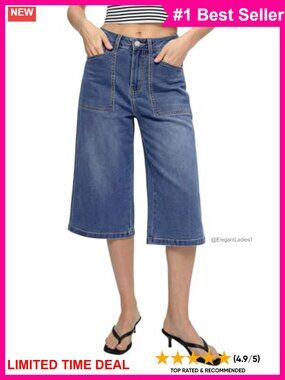 Wide Leg Capri Jeans High Waisted Stretch Denim Culottes with Pockets